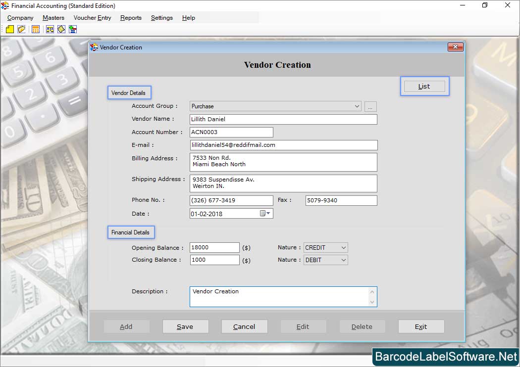 Accounting Software - Standard Edition Vendor Creation