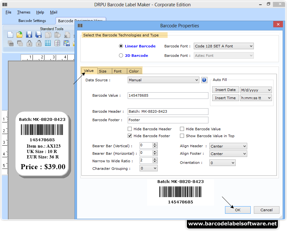 Screenshots of Barcode Label Software Corporate Edition to design barcode labels