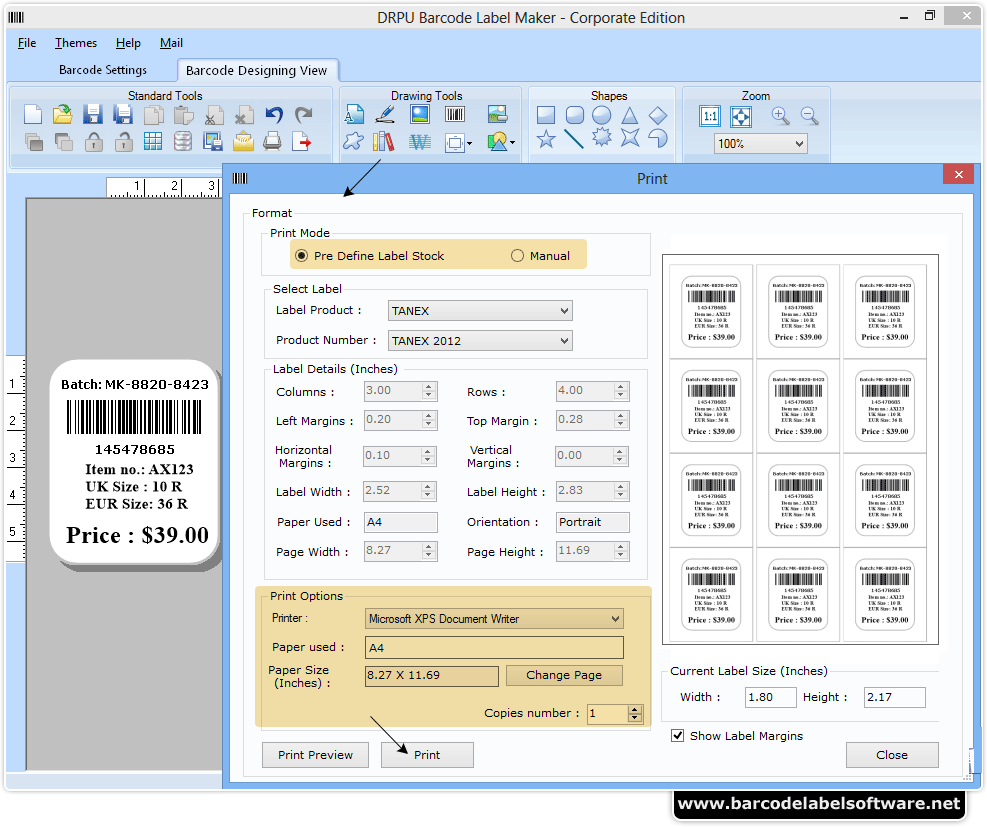 Screenshots of Barcode Label Software Corporate Edition to design