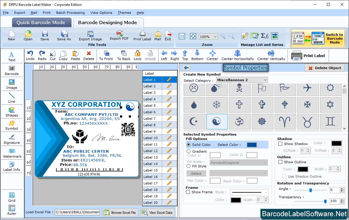 Barcode label Software – Corporate Edition Symbole Properties