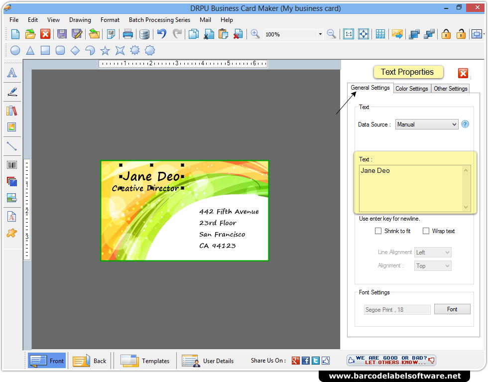 Screenshots of Business Card Maker Software to generate business cards