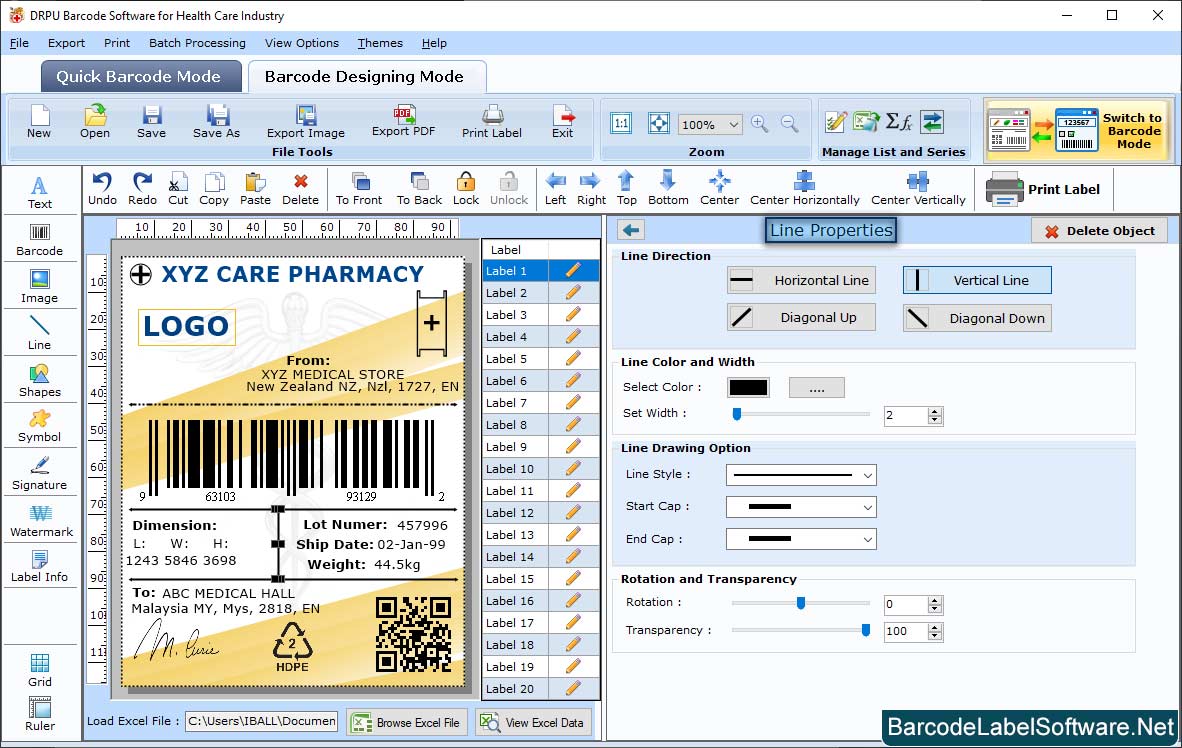 Barcode Software for Healthcare Industry line  Properties