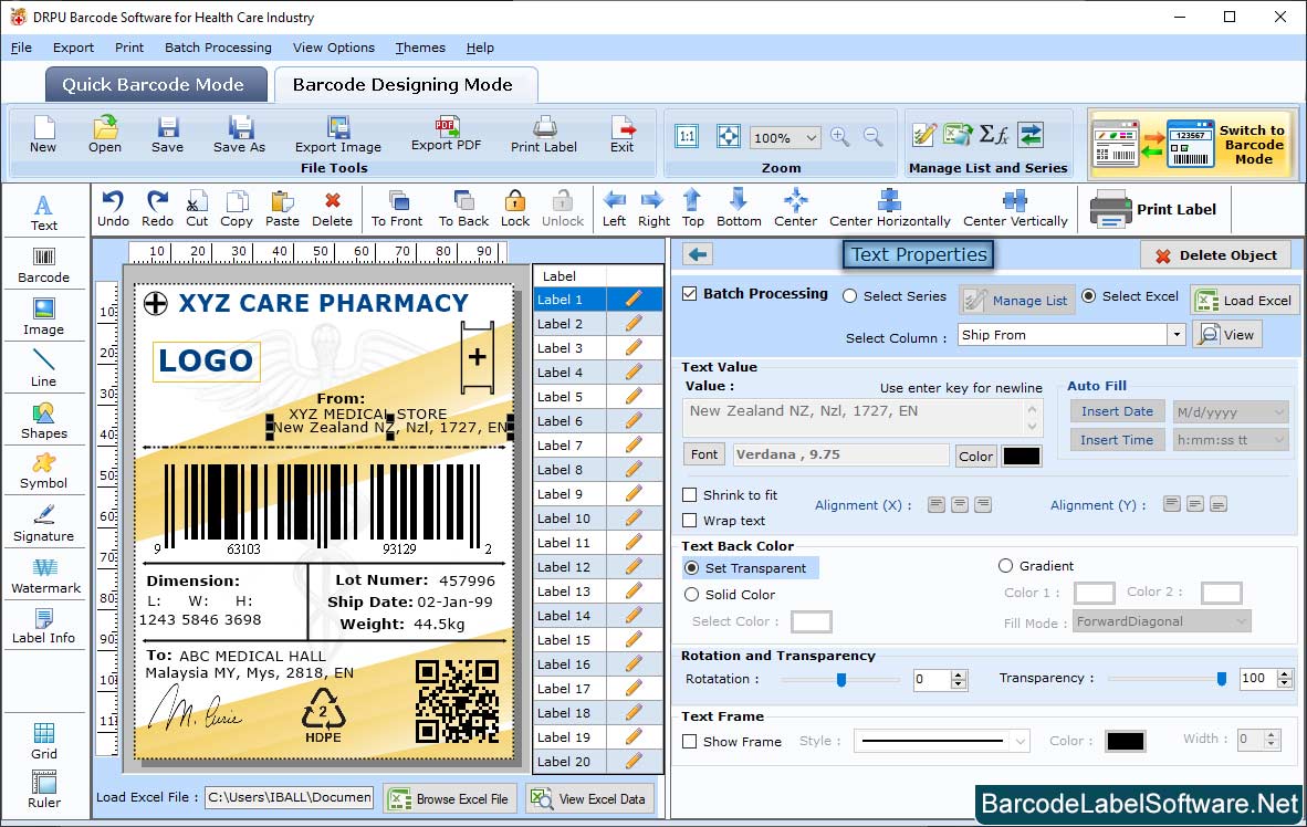Barcode Software for Healthcare Industry Text Properties