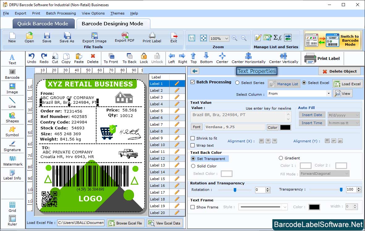 Barcode Software for Industrial Business Text Properties