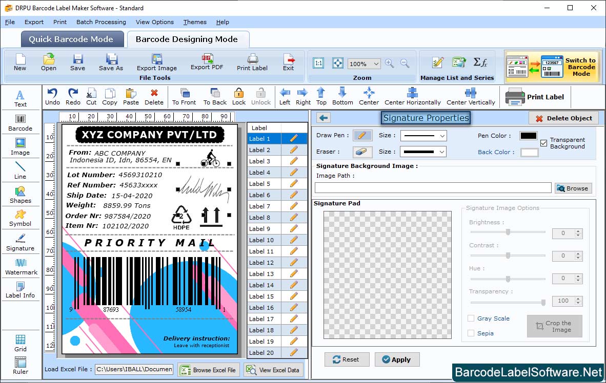 Barcode Label Software – Standard signature Settings