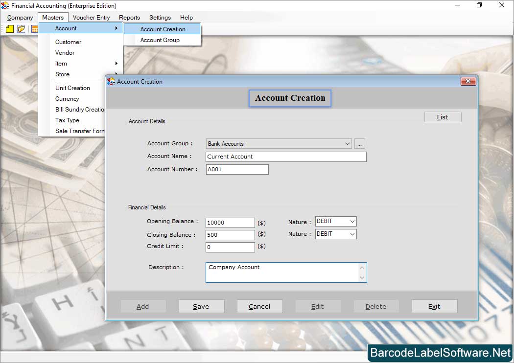Accounting Software-  Enterprise Edition Account Creation