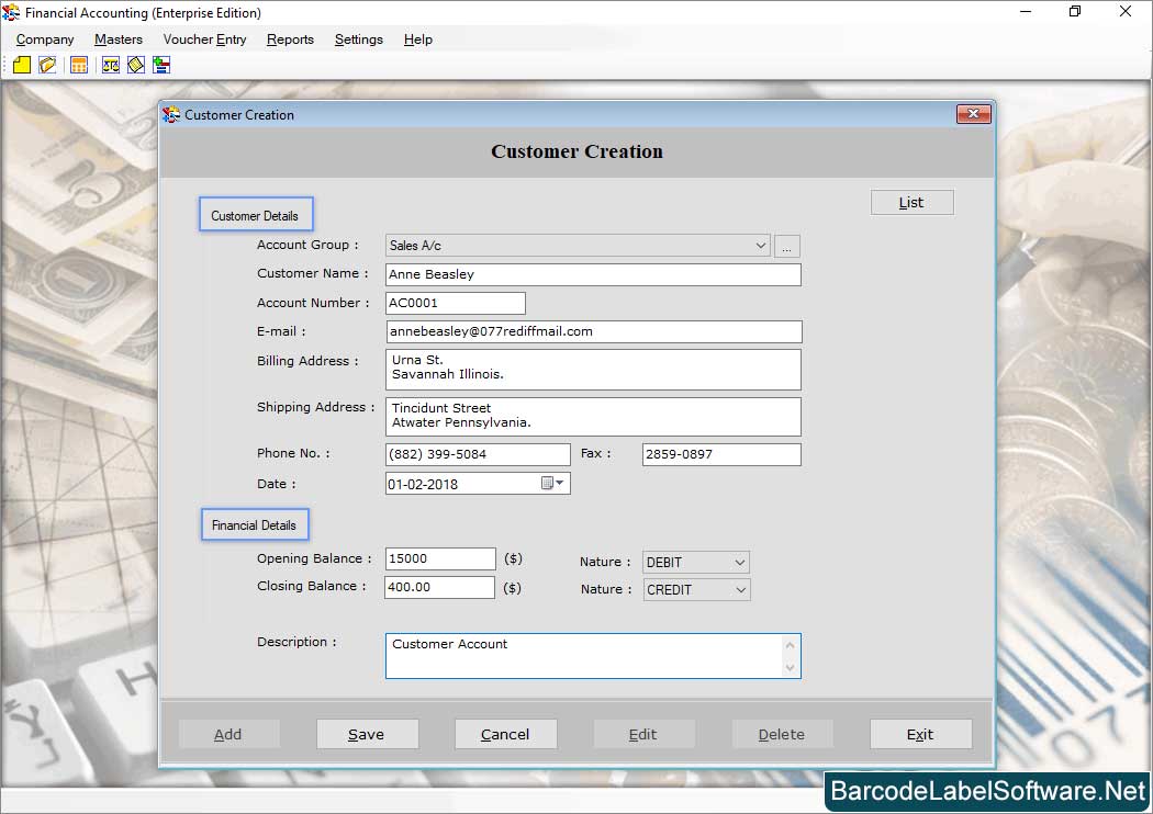 Accounting Software-  Enterprise Edition Customer Creation