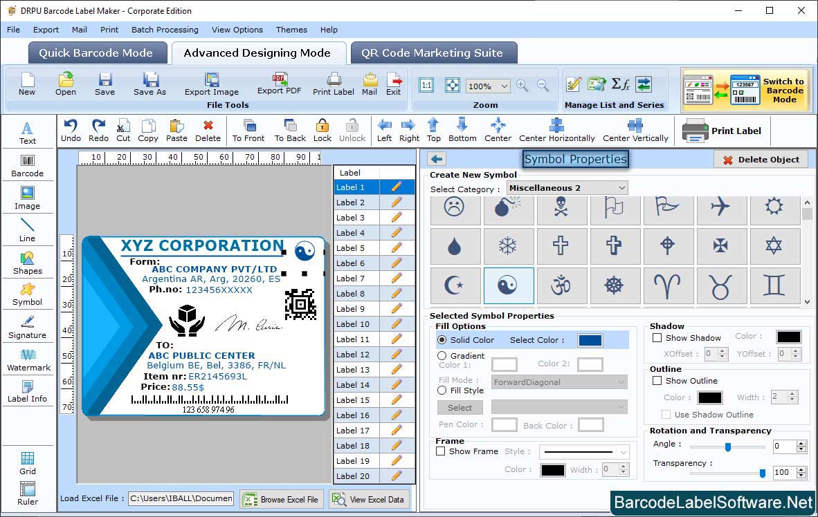 Barcode label Software – Corporate Edition Symbole Properties