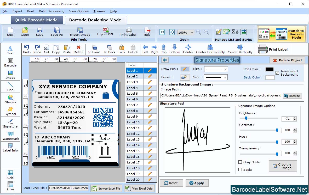 Barcode label Software – Professional Signature Properties 