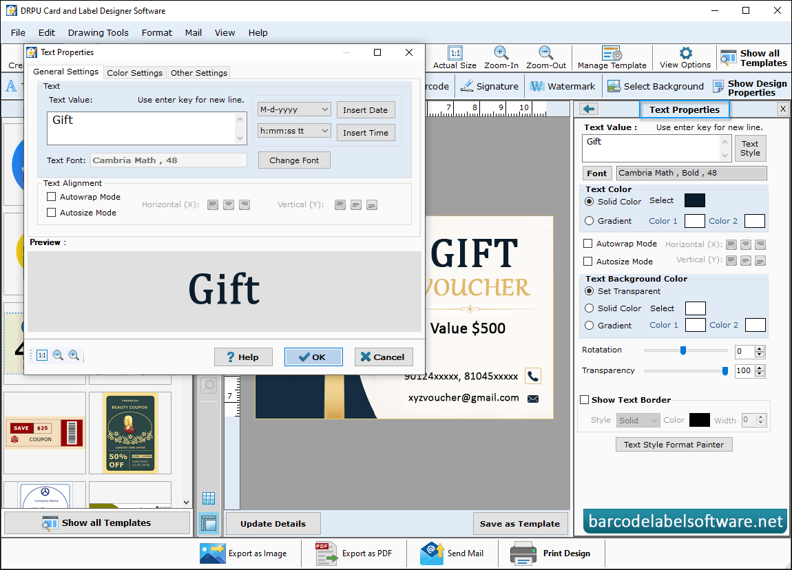 Card and Label Maker Software Text Properties