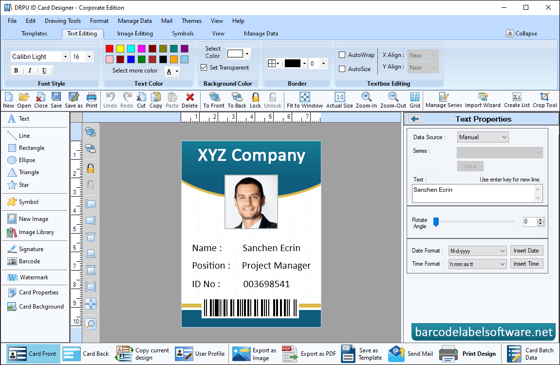 Designed ID card Text Properties