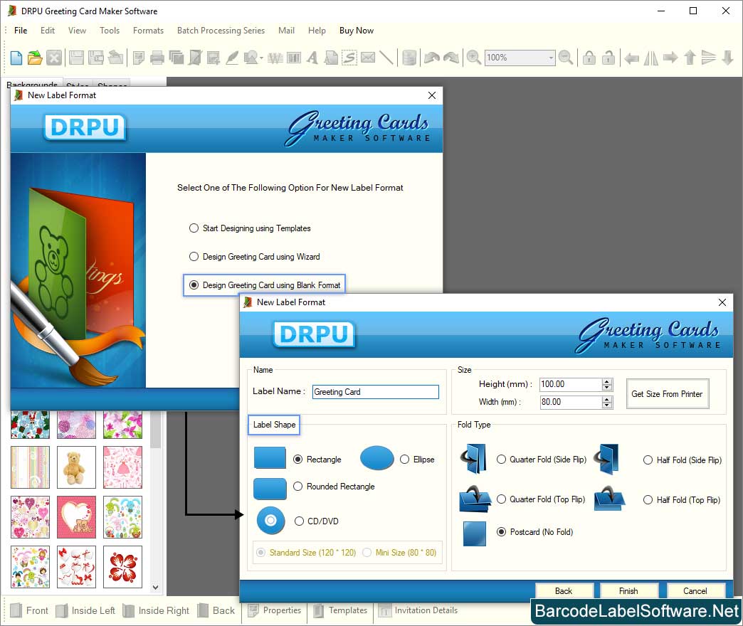 Greeting Card Maker Software Choose Label Name and Size