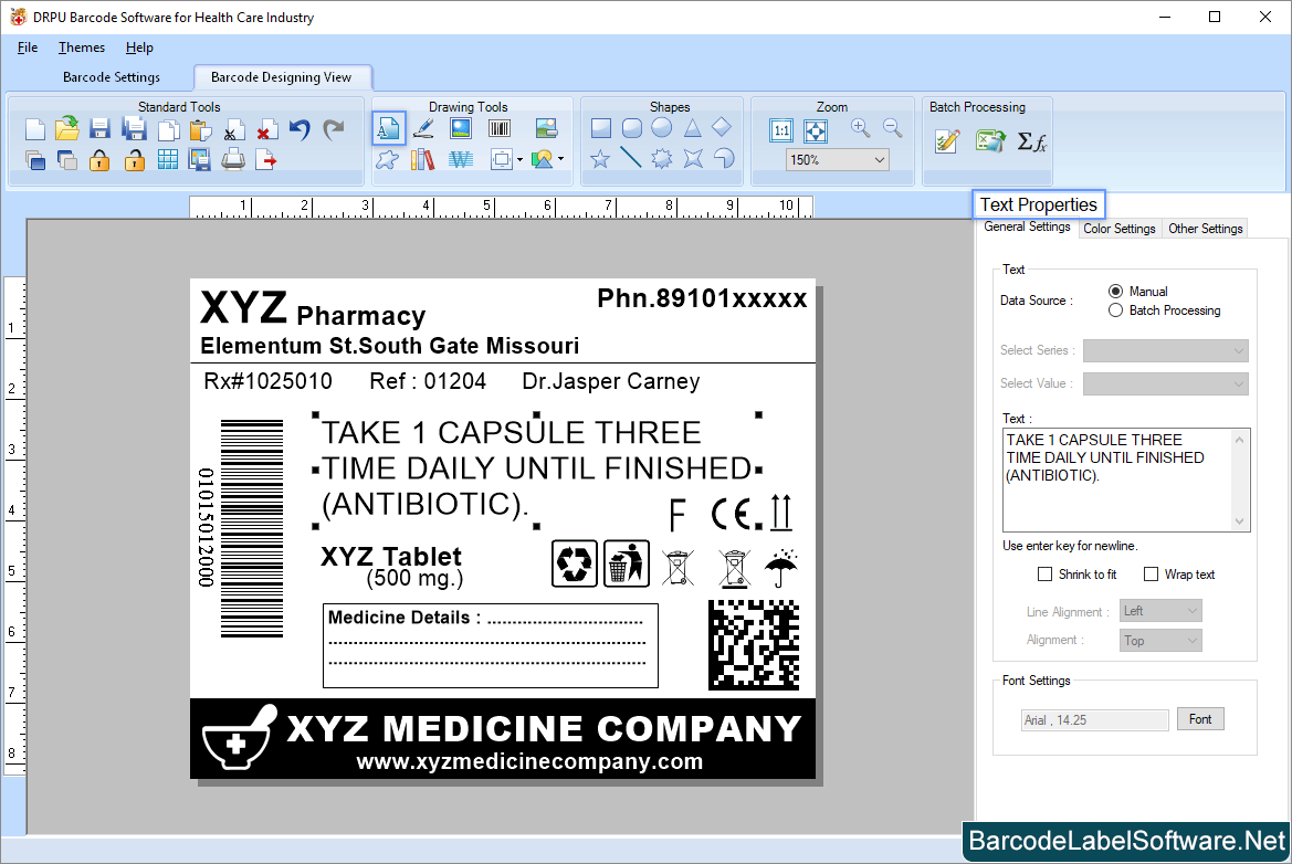 Barcode Software for Healthcare Industry Text Properties