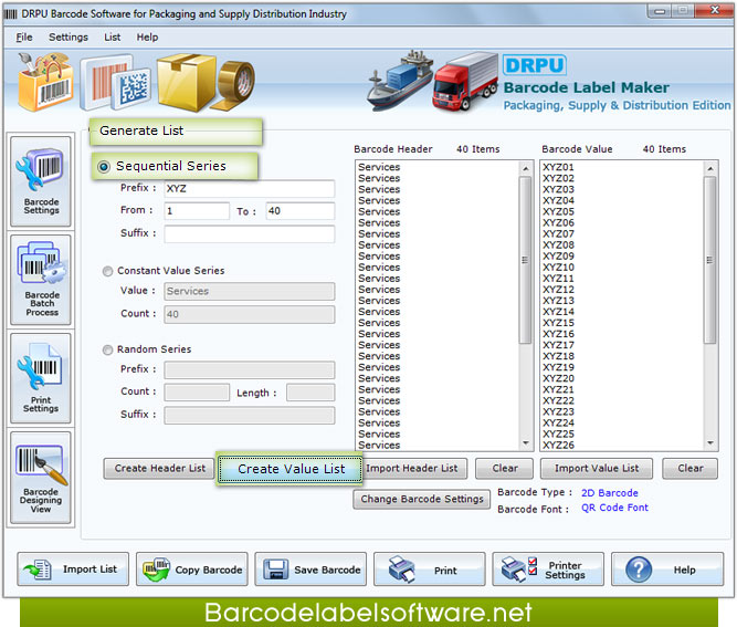 Bulk barcode generator Value List