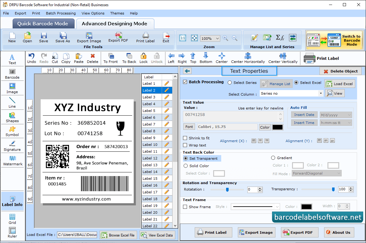 Barcode Software for Industrial Business Text Properties