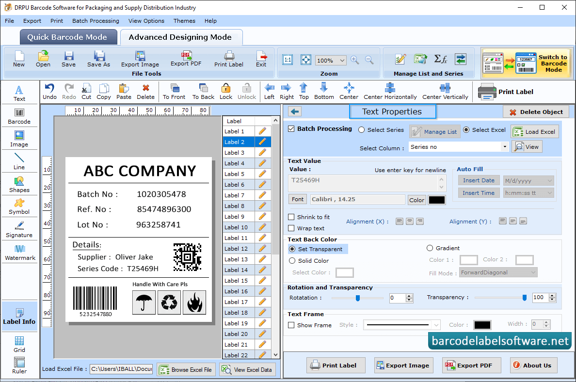 Barcode Software for Packaging Supply Set Barcode Text Settings