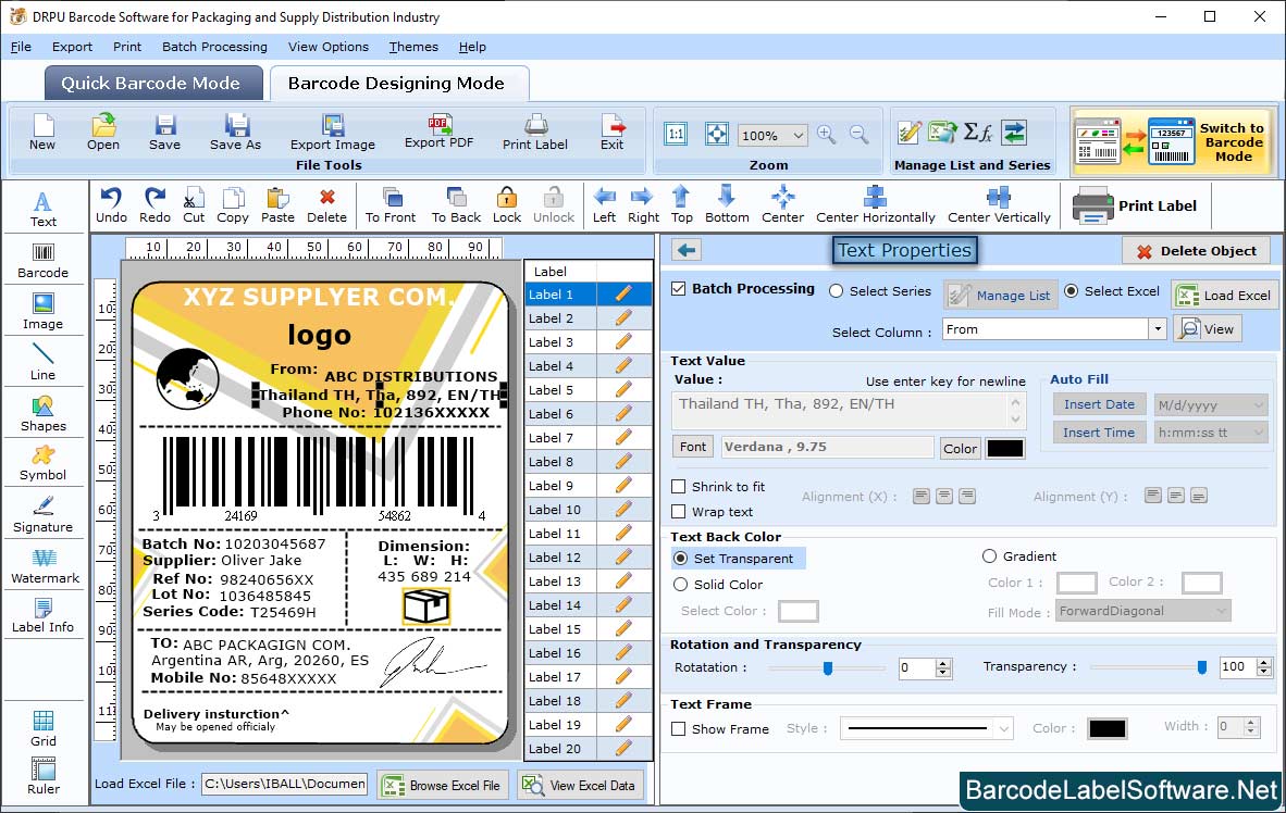 Barcode Software for Packaging Supply Set Barcode Text Settings