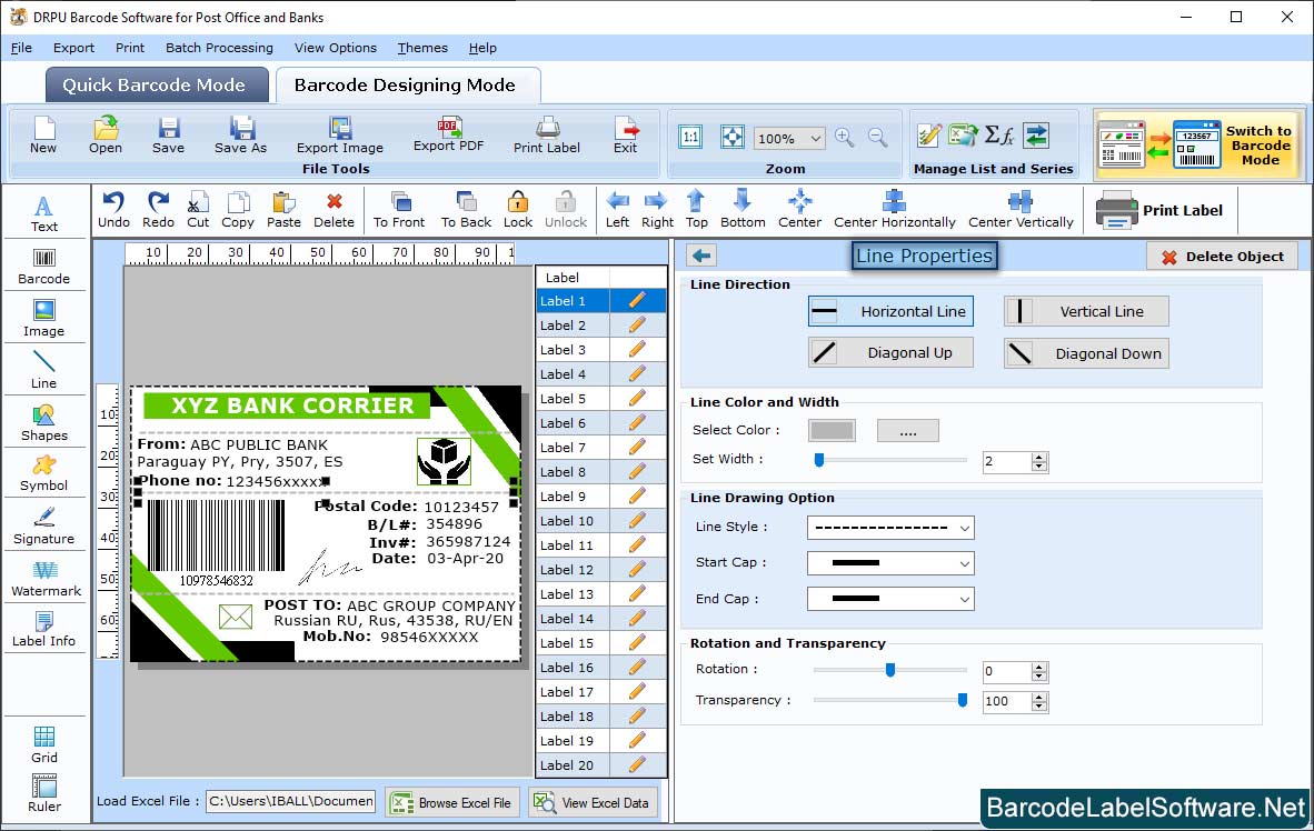Barcode Software for Post Offic line  Barcode Properties