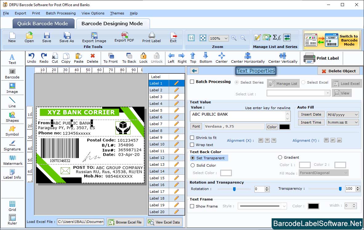 Barcode Software for Post Office Text Barcode Properties