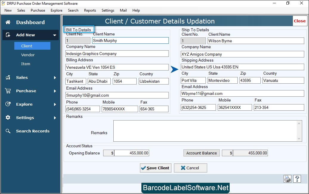 Purchase Order Client Customer Details