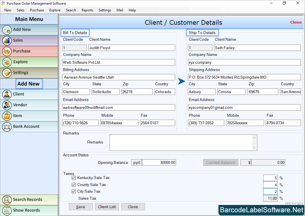 Purchase Order Client Customer Details