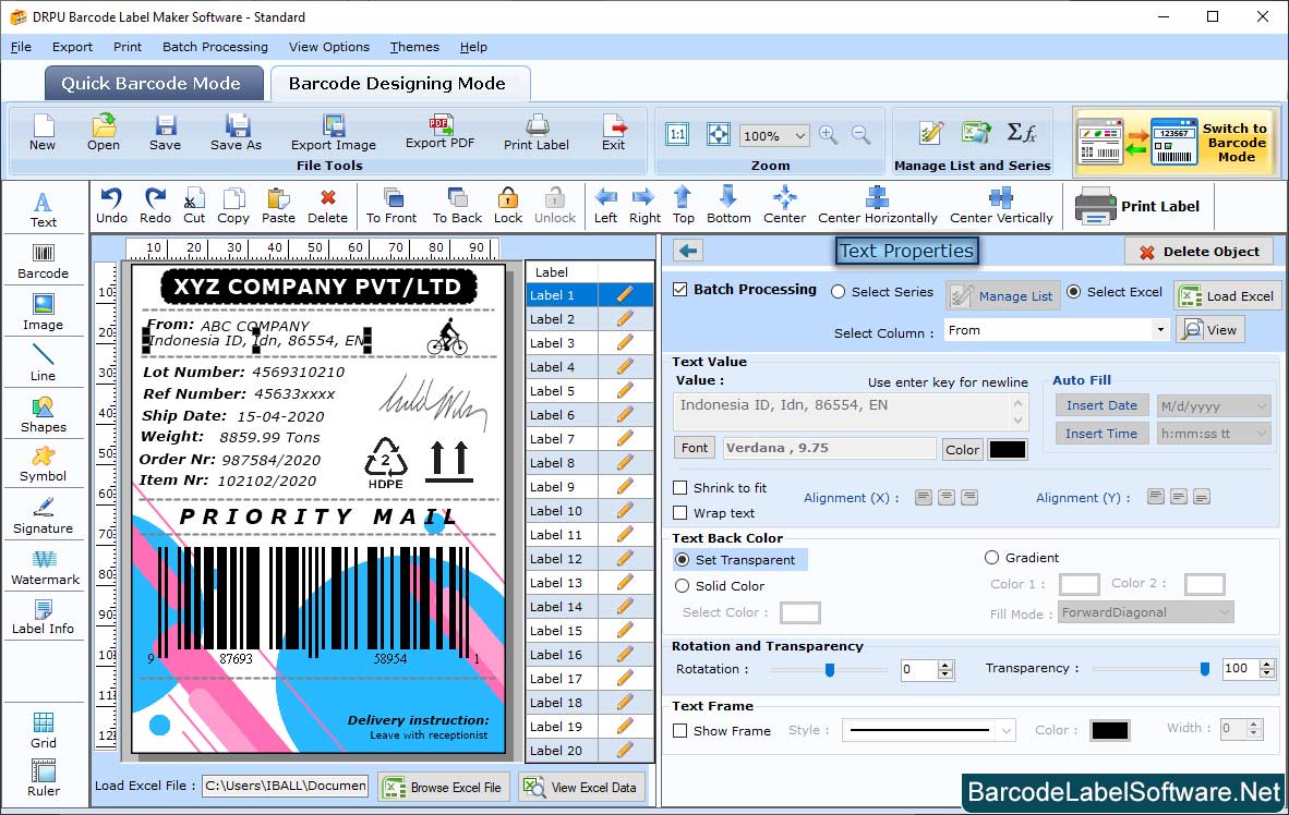 Barcode Label Software – Standard text Settings