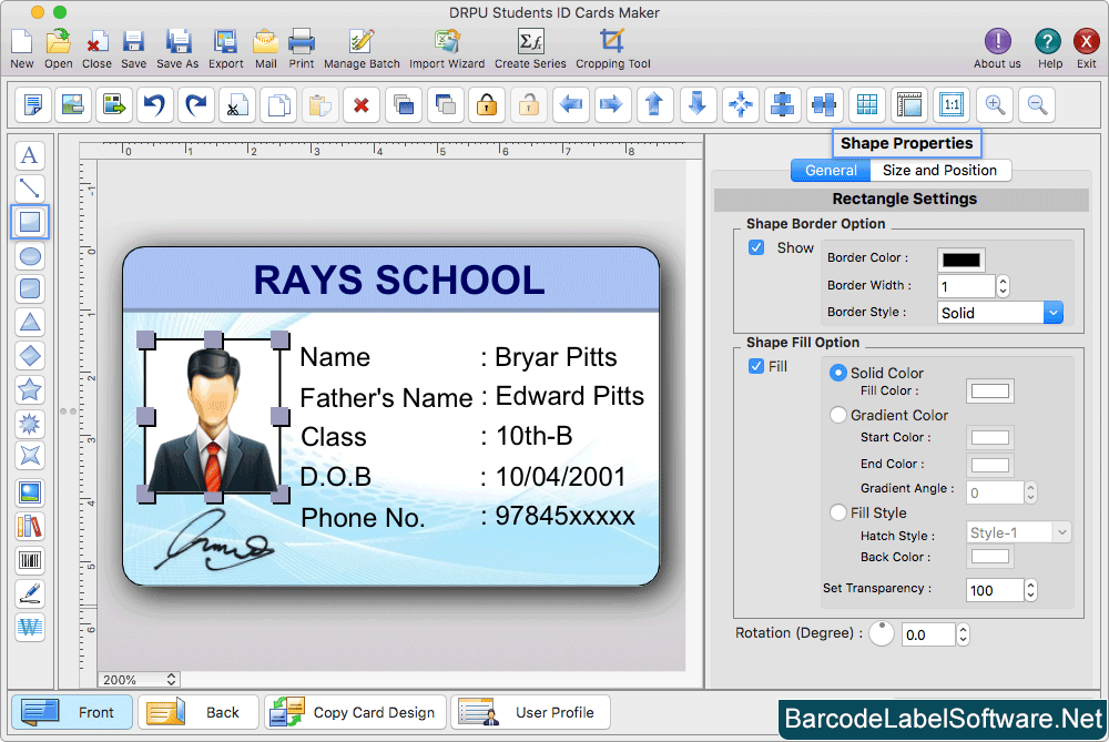 Set Students ID Card Shape Properties