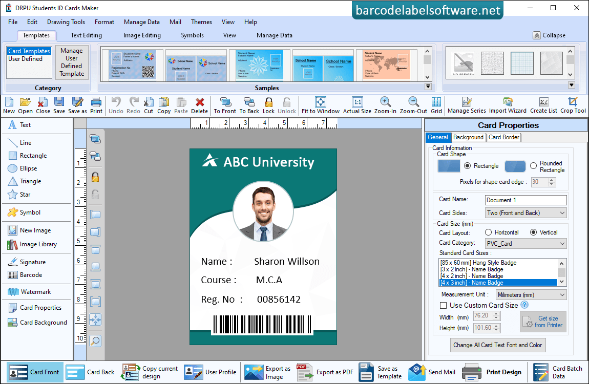 Card Properties designed ID card